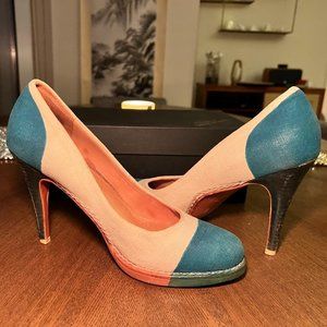 The Office of Angela Scott's Cream and Green Pumps